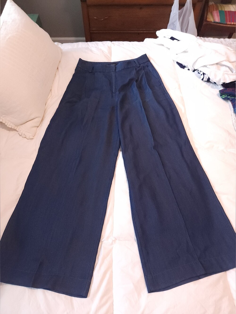 Ann Taylor Ultra Wide Leg Navy Chambray Pants - High-Waist Pleated Trousers